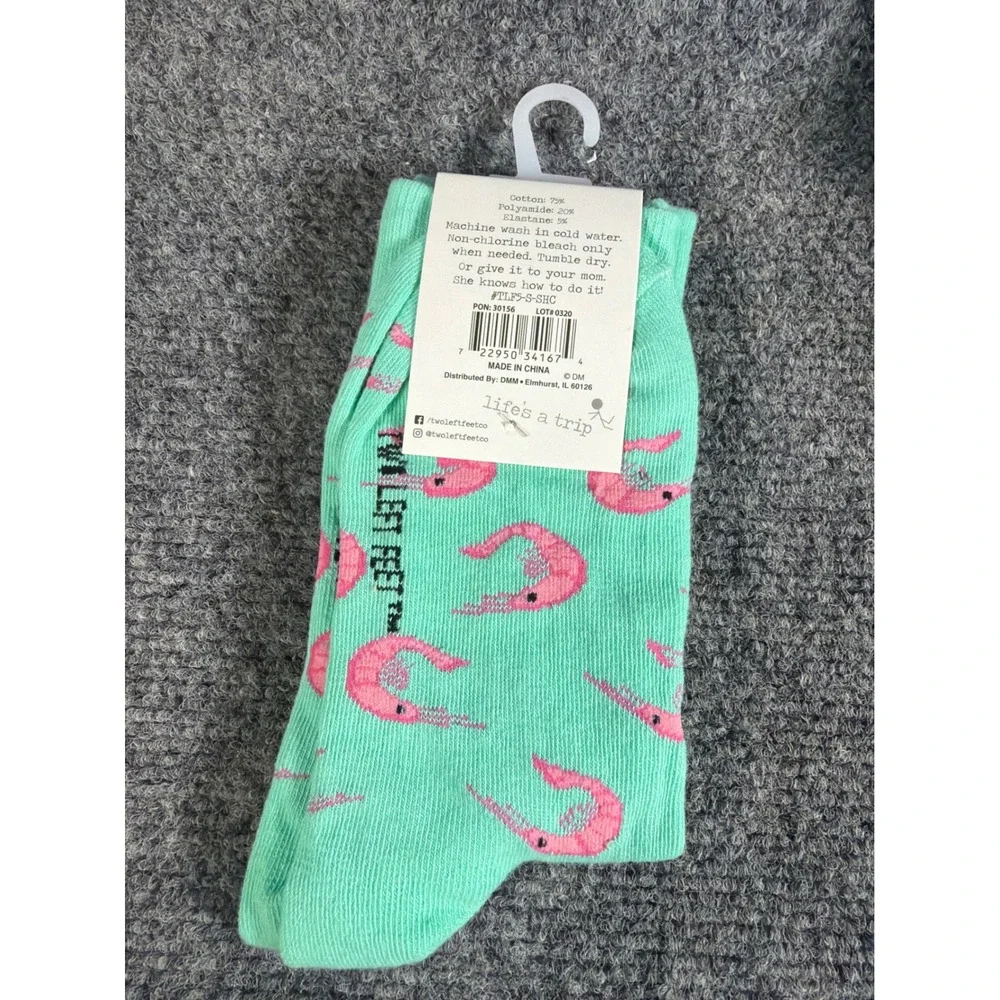 Two Left Feet Shrimp Cocktail Mint Green Pink Novelty Crew Socks Small Feet NEW